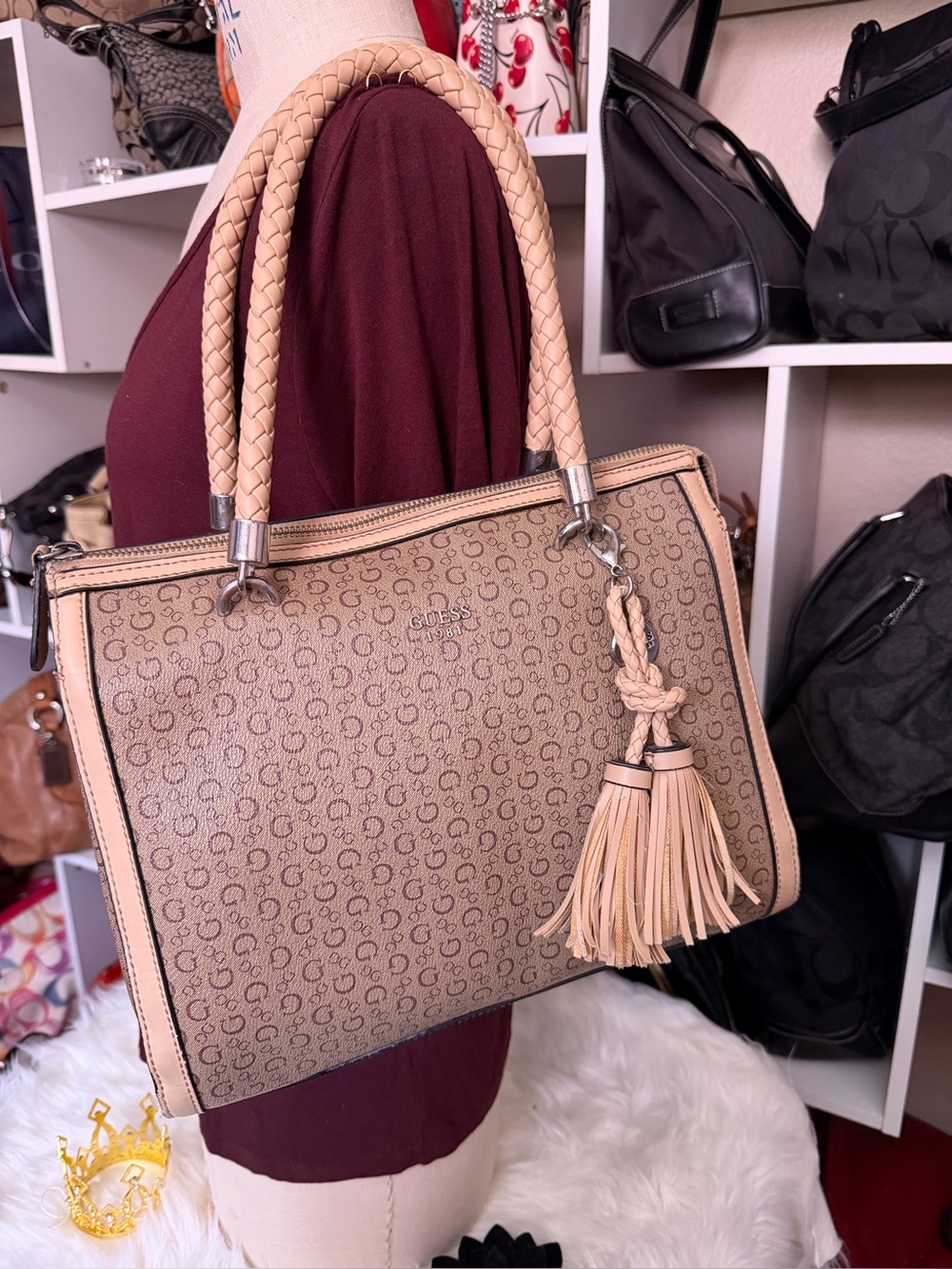 GUESS Beige/Light Tan Monogram Satchel with Braided Handles